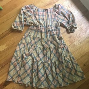 DREW madras plaid cotton pastel colored, tiered dress, size Large